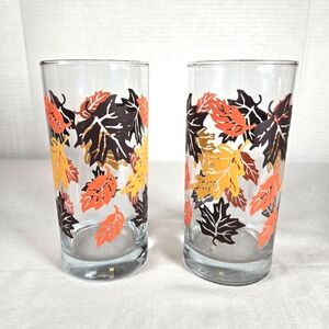 Libbey Vintage MCM Autumn/Fall Leaves Pattern Tumbler 16oz Drinking Glass (2)